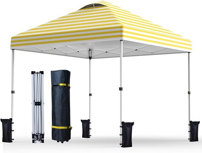 Nazhura 10' x 10' Pop Up Canopy with Sand Weight Bag, Awing for Patio, Freestanding Sun Shelter for Picnic and Camping, One Person Setup, White (Yellow Stripe)