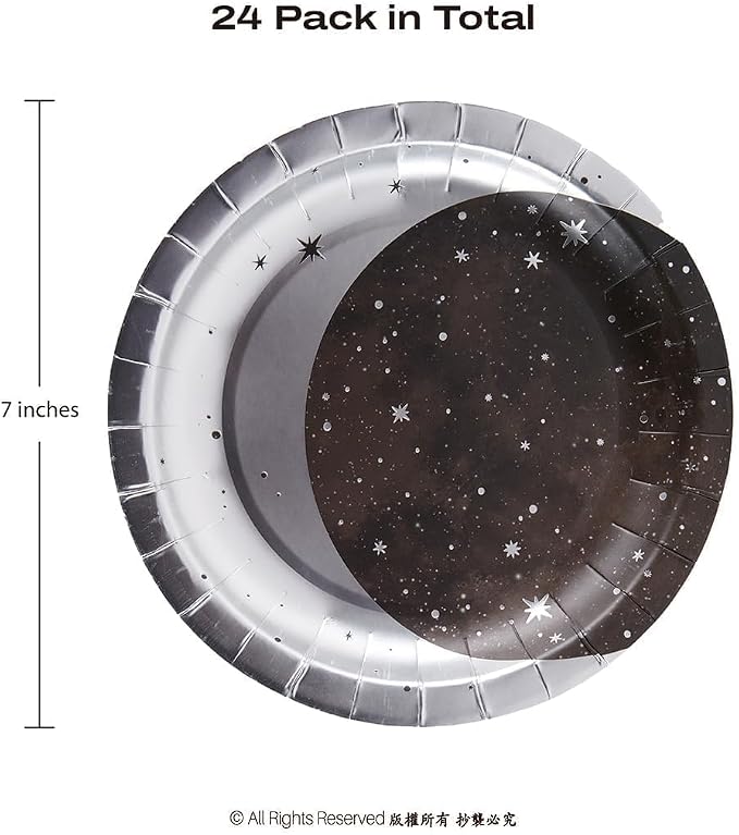 Cheerland Silver Moon Plates for Space Themed Party Decorations Galaxy Birthday Party Tableware Set Starry Night Outer Space Birthday Party Decorations Twinkle Twinkle Little Stars (24, Silver)