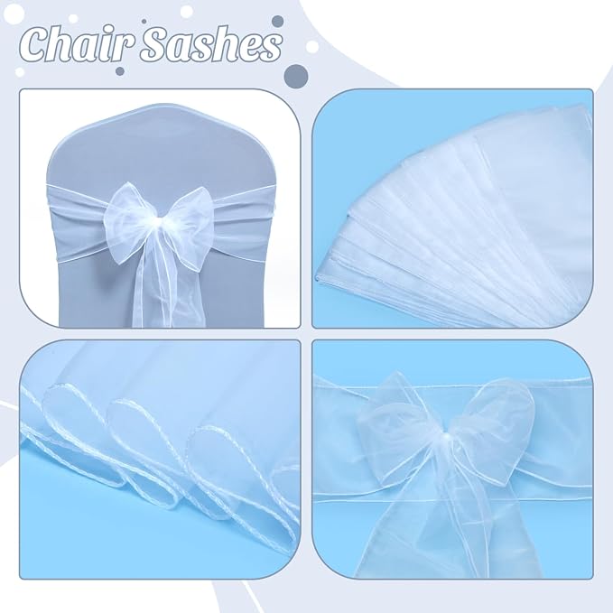 MDS® Pack of 100 Organza Chair Sashes for Wedding Decoration, Reusable Sheer Chair Bows for Banquet Chair Cover, Reception, Bridal Shower, Baby Shower, Birthday Party & Special Events - White