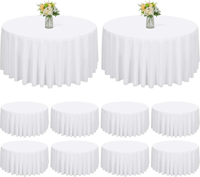 Fani 10 Pack 90 Inch White Round Polyester Tablecloths, Stain & Wrinkle Resistant, Perfect for 5ft to 6ft Round Tables