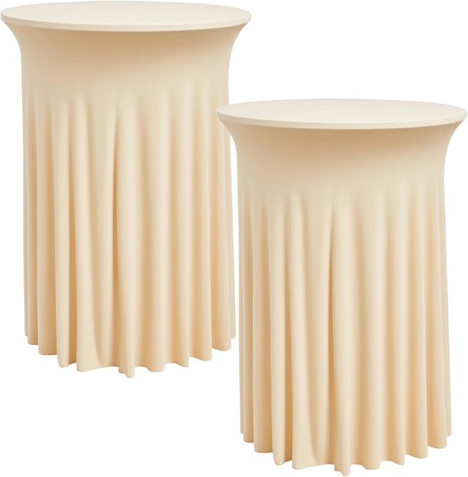 2 pk Champagne Cocktail Table Cloth Round 32×43in-High Top Highboy Bar Cocktail Tablecloths-Wrinkle Free Stretchy Fitted Spandex Table Covers with Ruffle Desk Skirt for Wedding Banquet Party Tables