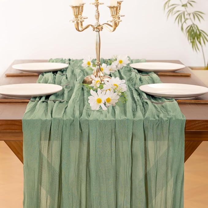 Socomi 10pcs Sage Green Cheesecloth Table Runner Summer Boho Rustic Gauze 120 inch 10FT Cheese Cloth Sheer Runner for Wedding Party Baby Shower Home Decor Holiday Decorations