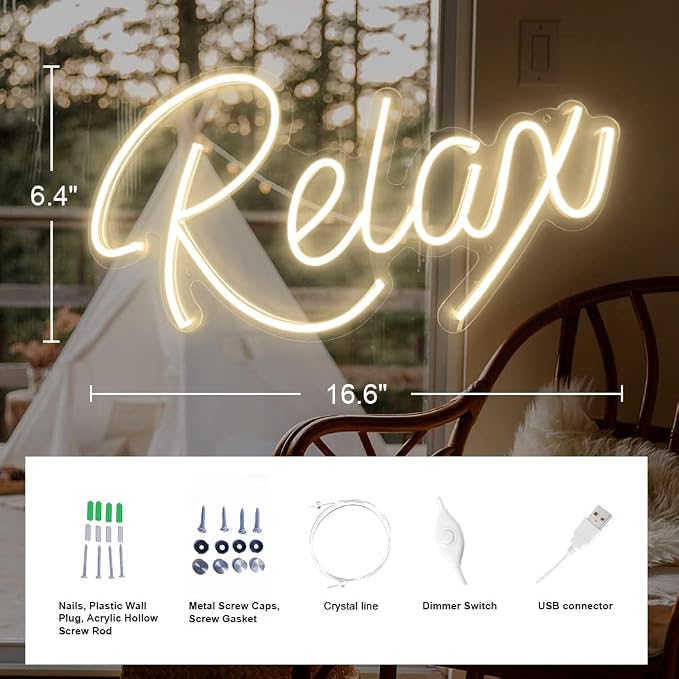 Relax Neon Sign Unique Art Ornaments with Dimmable Switch, 5V USB Powered Cool Neon Relax Signs for Wall Decor, Bedroom, Living Room, Bathroom Decoration Valentine's Day SPA Decor (Warm White)