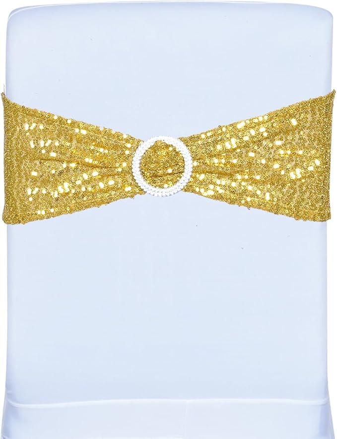 SquarePie Pack of 50 Sequin Chair Sashes Bands Glitter Gold Double-Sided Sequins Stretch Chair Cover Bows with Buckle Slider for Wedding Party Fiesta Banquet Decor