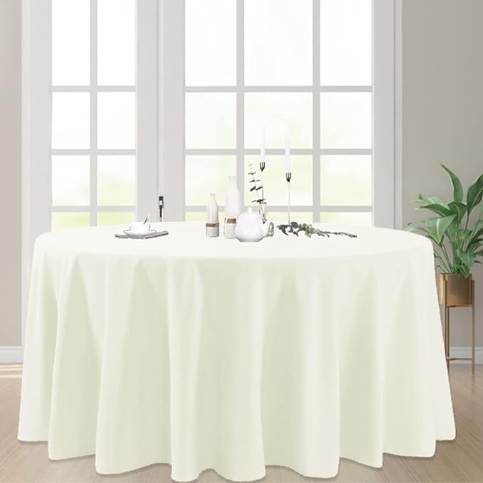 6 Pack Ivory Round Tablecloths 132 Inches Table Cloth Stain and Wrinkle Resistant Washable Polyester Table Cover Fabric for Party, Wedding,Dining,and Banquet Decoration