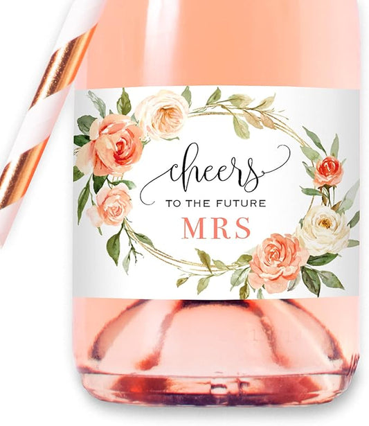 Cheers to the Future Mrs. - 12 Mini Champagne Bottle Labels, Waterproof Mini Wine Bottle Labels for Bridal Shower Bachelorette Party (Peach Floral, 12 Mini Bottle Labels)