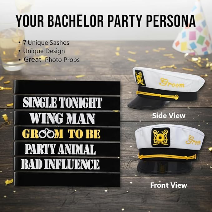 Men's Bachelor Party Decorations Kit with 1 Groom & 6 Groomsmen Belts, Gold Glitter Banner & Captain Hat for Bachelorette Party Supplies & Accessories
