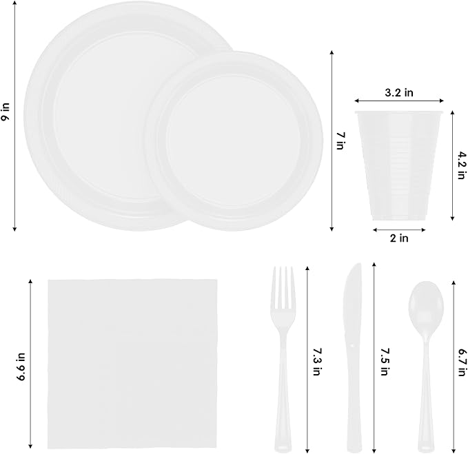 Party Solids 350 Pieces White Plastic Plates For Party, White Disposable Plates Set, 50 Of Each 9" Dinner Plate Set, 7" Dessert Plate, Cups, Napkins & Cutlery Plastic Dinnerware Set