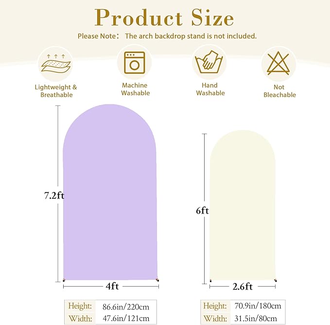 Beige and Purple Arch Cover 2 Set-7.2FT, 6FT Arch Backdrop Cover Spandex Fitted Wedding Arch Stand Covers for Bridal Shower Wedding Baby Shower Birthday Party Ceremony Photo Background Decorations