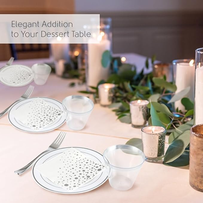 Stylish 7.5 Inch White and Silver Plastic Plates, Disposable Forks, Cups and Cocktail Napkins (100 Set), Silver Dessert Plates, Small Appetizer Plates, Disposable Cake Plates for Wedding Reception