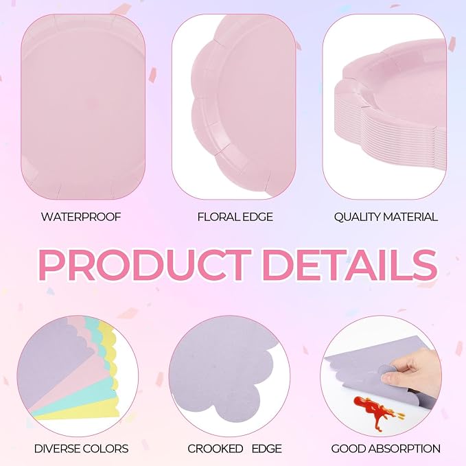 Qinyoung 388 Pcs Pastel Plates and Napkins Party Supplies Tableware Include Disposable Scalloped Plate Paper Napkin Cup Plastic Cutlery for Baby Shower Party Wedding Birthday, 48 Sets