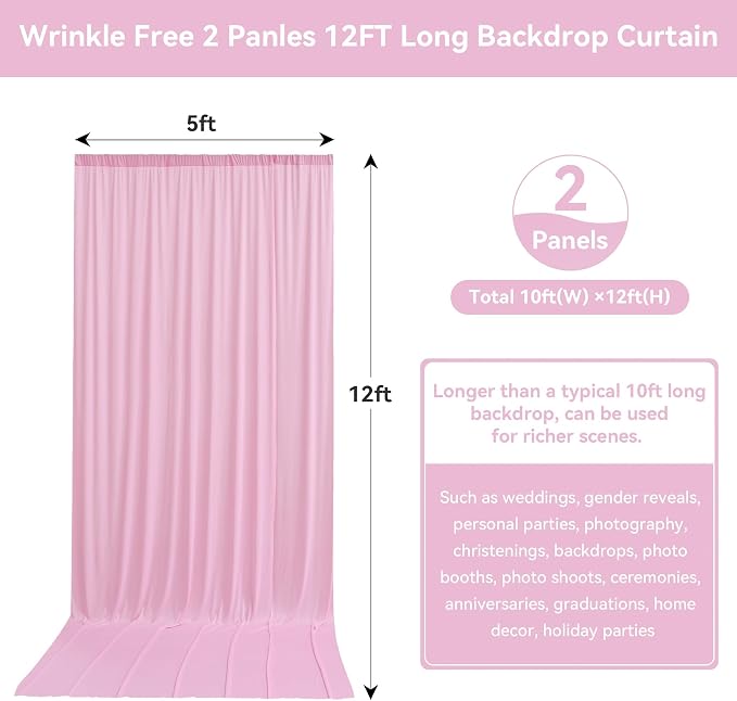 10ftx12ft Baby Pink Backdrop Curtains for Wedding-Wrinkle Free Backdrops Curtain Drapes Fabric Decorations Photo Back Drop Cloth for Baby Shower Photography Stage Reception 2Panels 12ft(H) x 5ft(W)