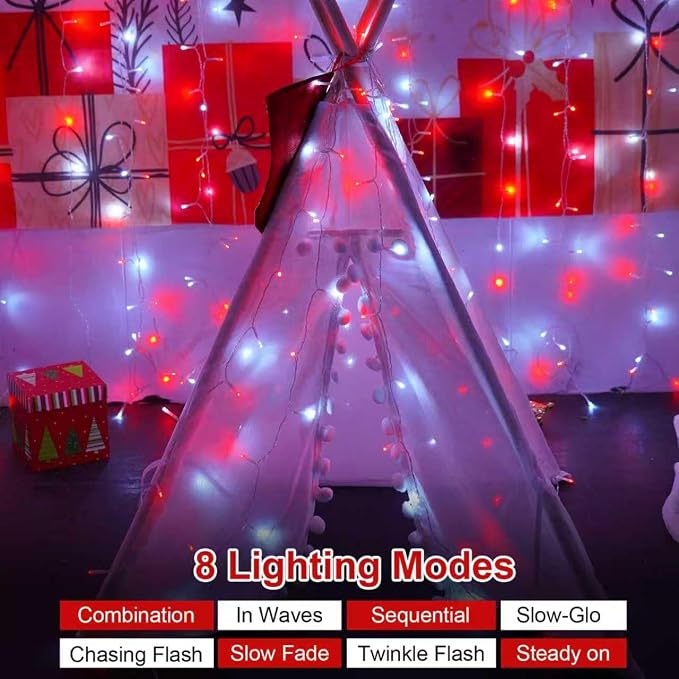 QITONG 2 Pack Battery Operated String Lights, Each 33ft 100 LED Red and White Christmas Lights Outdoor Waterproof, 8 Modes Clear Wire Twinkle Fairy Lights Indoor with Remote