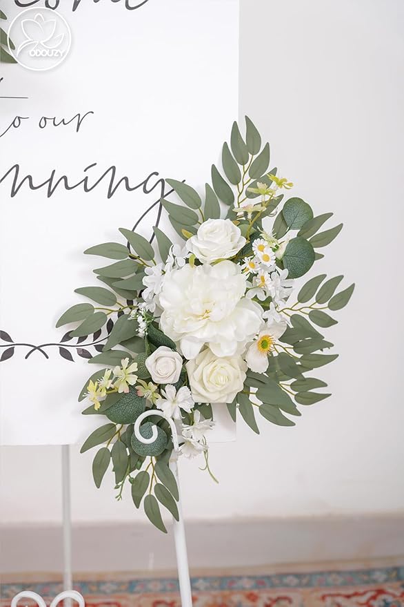 Odouzy Pack of 2 Wedding Arch Decorations Artificial Hanging Flowers Floral Swag for Wedding Welcome Sign Backdrop Balloon Arch Home Party Bridal Ceremony Reusable(New White)