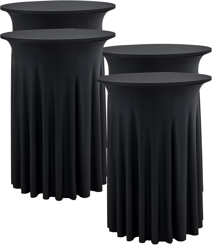 4 pk Black Cocktail Table Cloth Round 36×43in-High Top Highboy Bar Cocktail Tablecloths-Wrinkle Free Stretchy Fitted Spandex Table Covers with Ruffle Desk Skirt for Wedding Banquet Party Tables