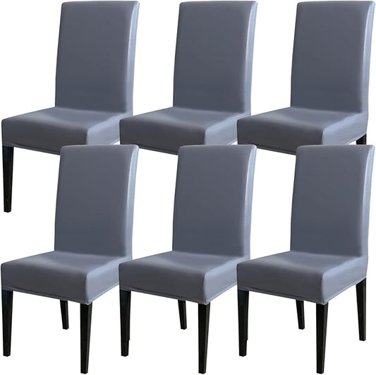 Qubjus Dining Chair Covers, Solid Pu Leather Waterproof Oilproof Stretch Dining Chair Protector Cover Slipcover (Grey, 6 Pack)