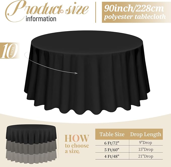 Pesonlook 10 Pack 90 Inch Black Round Table Cloths, Premium Polyester Round Tablecloth Stain and Wrinkle Resistant Washable TableCover for Wedding, Party, Dining,Banquet,Buffet Table