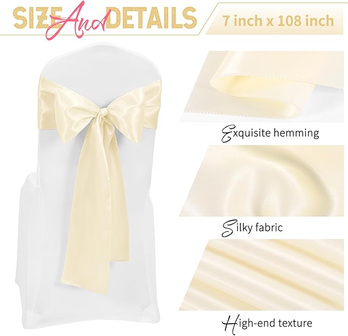 60 PCS Ivory Satin Chair Sashes, Ties Bows Designed Chairs Decorative, Chair Cover Sashes for Thanksgiving Wedding Christmas Banquet Party Home Kitchen Decoration (7 x 108 inch)