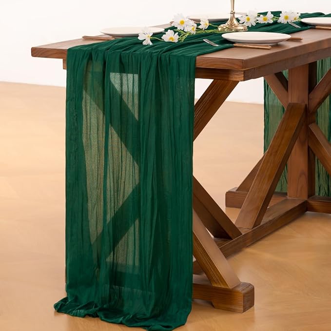 Socomi 6pcs Emerald Green Cheesecloth Table Runner Summer Boho Rustic Gauze 120 inch 10FT Cheese Cloth Sheer Runner for Wedding Party Baby Shower Birthday Home Decor Holiday Decorations