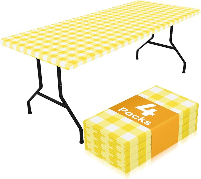 Smiry Picnic Table Cloth 4 Pack, Waterproof Elastic Fitted Tablecloths for 4FT Rectangle Tables, Washable Polyester Buffalo Plaid Tablecloth for Camping, Dining & Outdoor (Yellow & White, 30" x 48")
