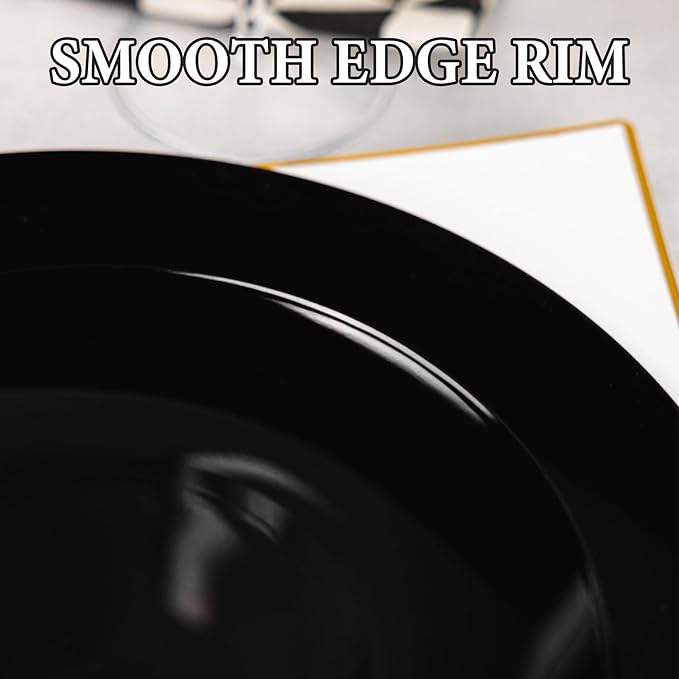 Lullaby 100PCS Black and Gold Plastic Plates, Disposable Black Plastic Plate with Gold Rim, 50PCS Dessert Plates 7" and 50PCS Dinner Plates 10", Perfect for Party Wedding and Daily Use