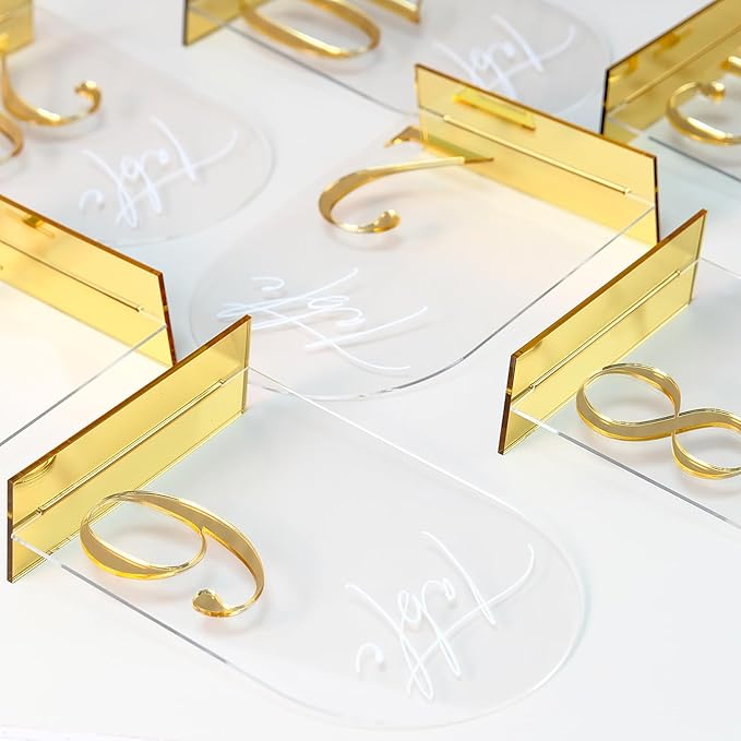 HOODO Clear Arch Wedding table numbers 1-10 with Stands, 5"x7" Arched Acrylic Signs with Gold Mirror Numbers, Clear and Gold Acrylic Table Numbers for Wedding Reception, Party, Anniversary, Event
