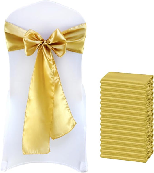 MDS Satin Chair Sashes, 100 Pack, 7”x108” Each, Decorative Chair Bows Ribbon Tie Backs for Wedding Party, Holiday Dinner, Birthday, Reception, Banquet, Hotel & Event Decoration - Gold