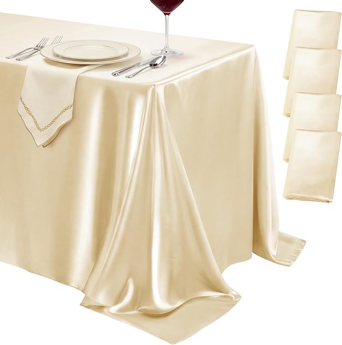 4 Pack Champagne Satin Tablecloth 58 x 102 Inches, Rectangular Satin Table Cloths for Wedding Reception, Birthday Party, Graduation & Holiday Banquet Tables