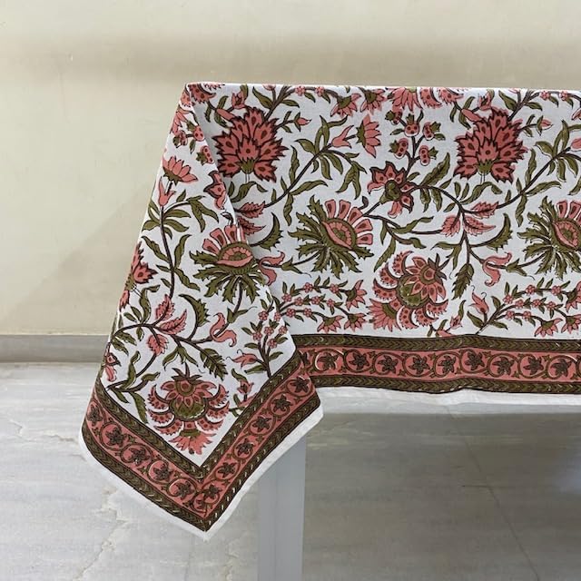 Ridhi New York Pink and Olive Green Hand Block Print Cotton Rectangle Tablecloth 160" x 72" inches Reusable Table Cover Decorative Everyday Use for Dining Room, Farmhouse, Gift Spring, Mother's Day