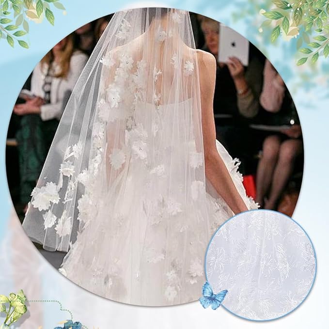 MAYJOYDIY 1 Yard 47~49 Inch Width White Flower Embroidered Lace Fabric Floral Petals Mesh Lace Trim Fabrics Wedding Accessories Tulle for DIY Wedding Dresses Half Skirt Dress Curtains