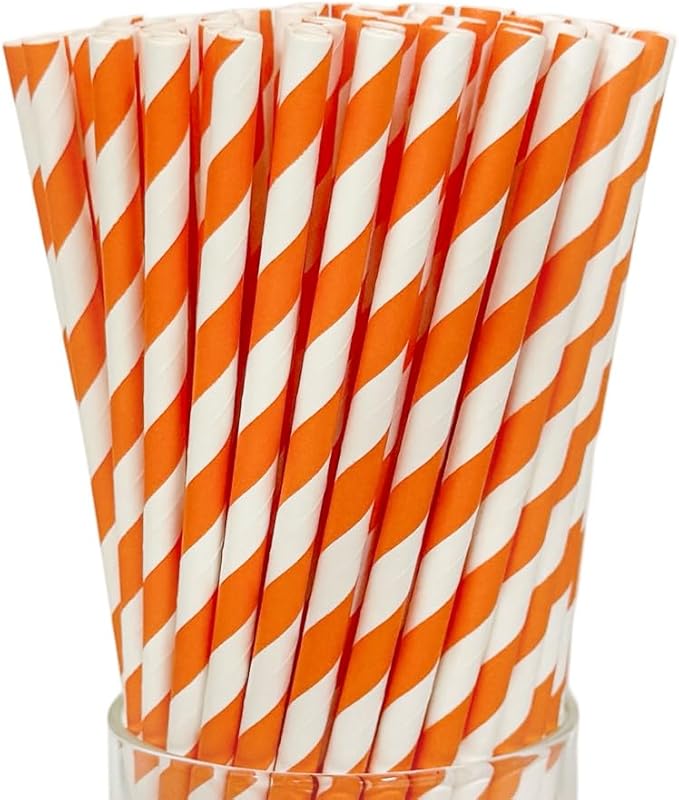 200 Orange Straws, Biodegradable Orange and White Paper Striped Straws for Coffee, Cocktail, Lemonade, Milkshake, DIY Decorations, Weddings, Bridal, Baby Shower, Party Supplies