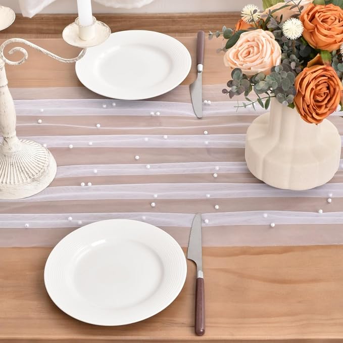 White Pearl Table Runner Boho Rustic Tulle Lace Dining Baby Shower Wedding Arch Decor Veil Dessert Holiday Centerpiece Table Decor