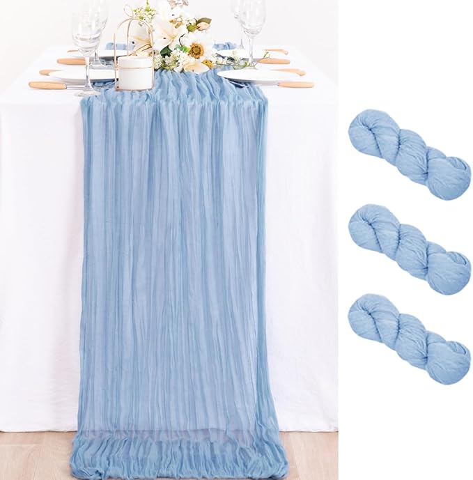 MLMC 3 Pack Dusty Blue Table Runner 10ft Boho Gauze Cheesecloth Table Runner Bulk 35x120 Inches Rustic Cheese Cloth Decor for Wedding Bridal Shower Baby Shower Party Decor