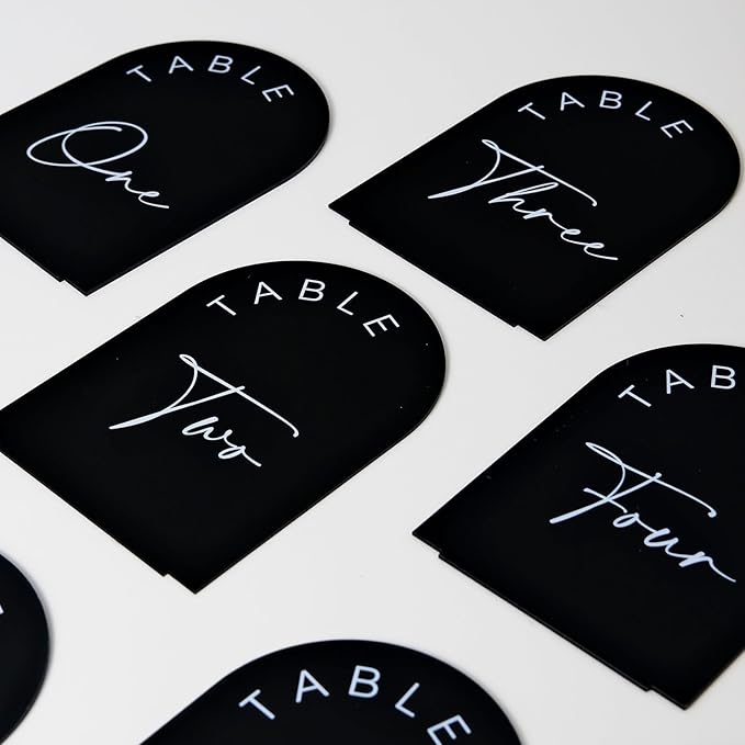 Black Arch Wedding Table Numbers 1-25 with Stands, 5x7 Inch Black Acrylic Arch Sign with Holder, Arched Acrylic Table Numbers for Wedding Reception