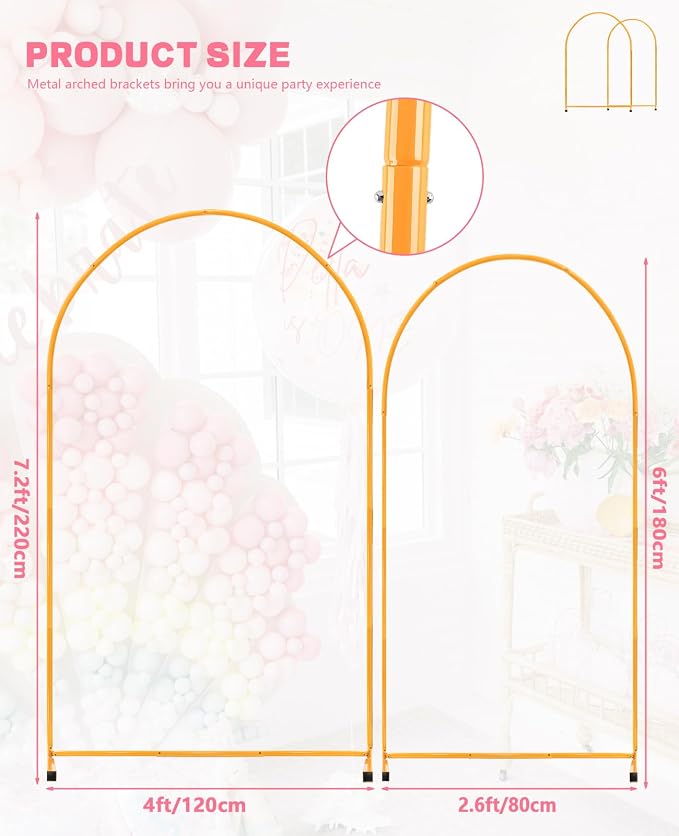 Metal Arch Backdrop Stand, 7.2FT+6FT Wedding Arch Frame, Gold Balloon Arch Backdrop Stand, 2 Pack Balloon Arch Stand for Wedding Birthday Party Baby Shower Graduation Decoration