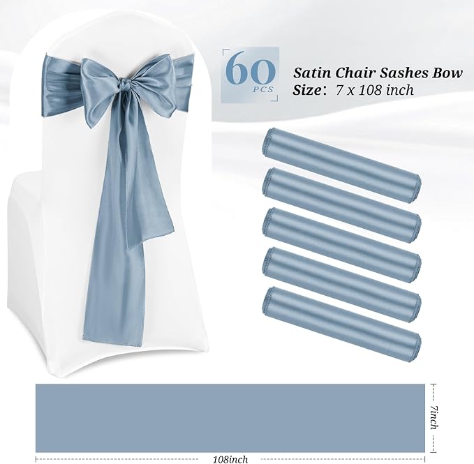 Pesonlook 60 PCS Dusty Blue Satin Chair Sashes Bows Satin Chair Sashes Universal Chair Cover for Wedding Reception Restaurant Event Decoration Banquet,Party,Hotel Event Decorations (7 x 108 inch)