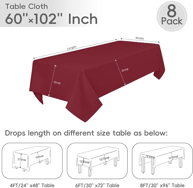 8 Pack Burgundy Tablecloth 60 x 102 Inch Rectangular Table Cloth for 6 Foot Rectangle Tables, Wrinkle Resistant Washable Fabric Table Covers for Wedding Party Banquet Buffet