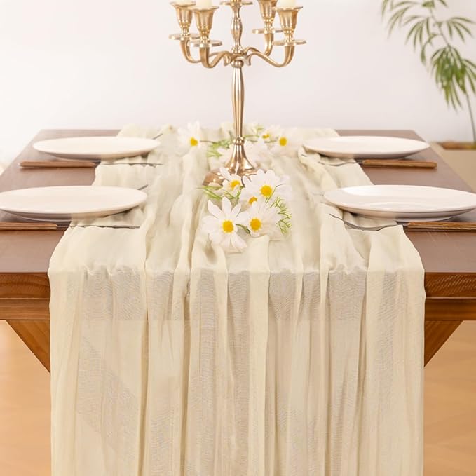Socomi 3pcs Beige Summer Cheesecloth Table Runner Boho Rustic Gauze 120 inch 10FT Cheese Cloth Sheer Runner for Wedding Party Baby Shower Birthday Home Decor Holiday Decorations