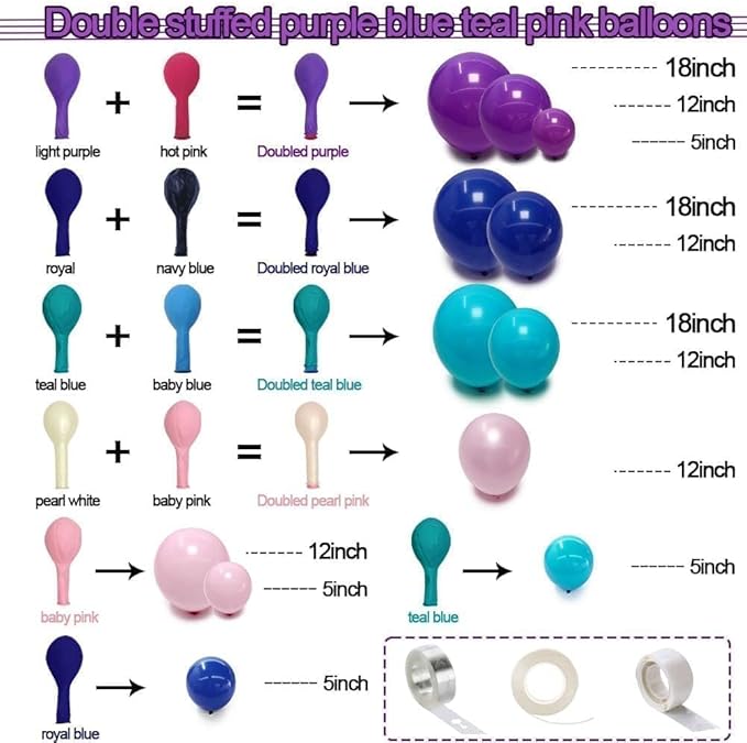 Purple and Blue Balloons Teal Pink Balloon Garland Arch Kit for Birthday Baby Shower Mermaid Stitches Under The Sea Encanto Villain Ocean Luau Birthday Baby Shower Party Decorations