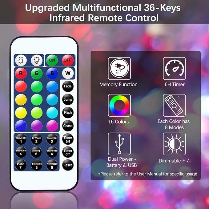 OMIKA LED String Lights Indoor Fairy Light Multi Color Changing, Waterproof Firefly Lights with Remote for Indoor, Bedroom, Wedding, Outdoor Christmas Decor (40 ft 120 LEDs USB & Battery Powered)