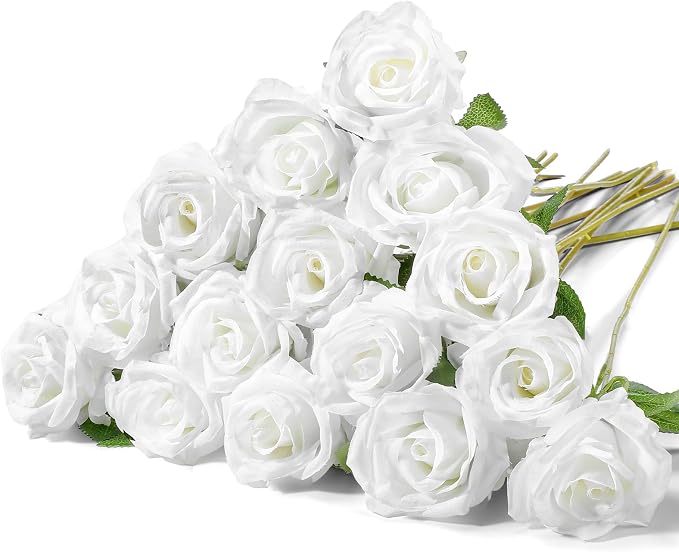 Hotop 20 Pcs Artificial Rose Flowers with Long Stem, Real Lifelike Silk Realistic Plastic Bouquet Roses Bulk for Home Decor Bridal Wedding Party Table Centerpieces Decorations(Pure White)