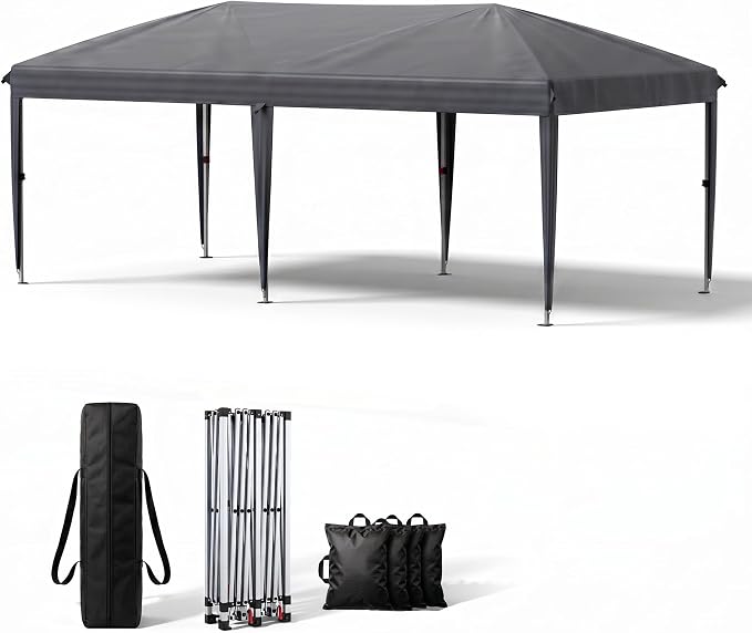 10x20 FT Portable Pop Up Canopy Tent with Sandbags, Adjustable Height Instant Gazebo Without Sidewalls,Waterproof Outdoor Canopy for Camping, Parties, Vendor Events (Grey, 3m × 6m Without sidewalls)