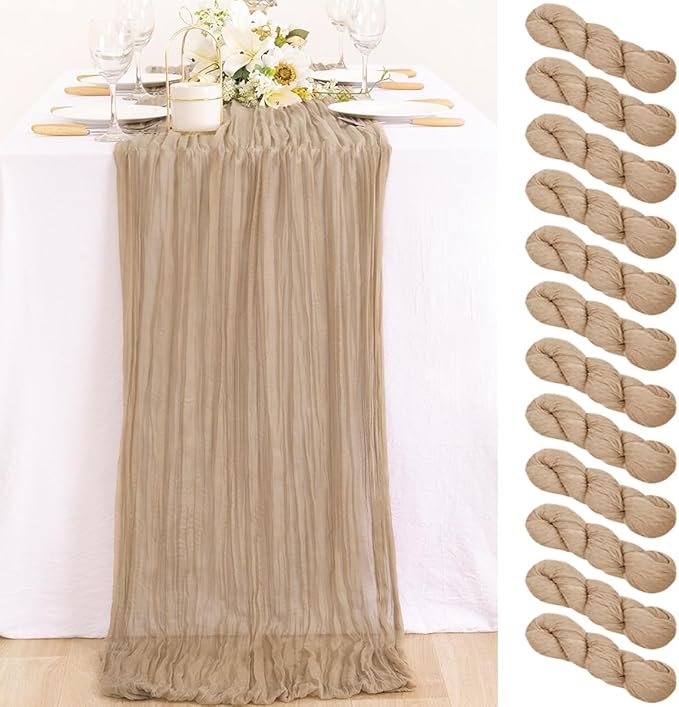 MLMC 12 Pack Nude Cheesecloth Table Runner 10ft Boho Rustic Gauze Taupe Cheese Cloth Table Runner Neutral Decor 35x120 Inches for Reception Wedding Bridal Shower Party Decor