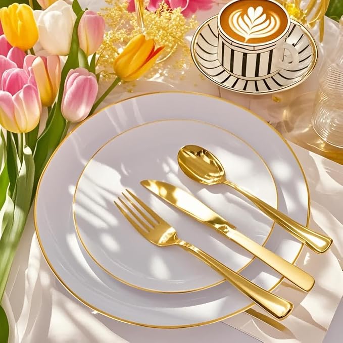 Festiva 175PCS White and Gold Plastic Plates - White with Gold Rim Fall Dinnerware Set - 25Guest include Plates Cups Cutlery Napkins for Birthday Party&Wedding& Easter
