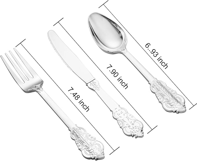 BUCLA 600PCS Silver Plastic Silverware - Heavy Duty Disposable Plastic Cutlery - Include 200 Forks, 200 Spoons, 200 Knives in Silver for Parties, Weddings & Christmas