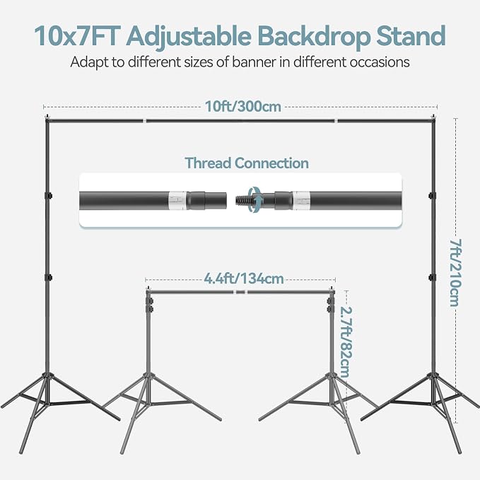 7x10 FT Photography Background Support System, Adjustable Photo Video Studio Backdop Stand Kit with 3 Polyster Background (Black, White, Green), Spring Clamps, Sandbags and Carry Bag