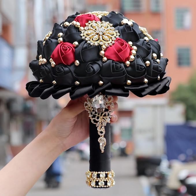 Bridal Wedding Bouquet Luxury Gold Rhinestone Brooch Bouquet for Bride Bridesmaid Quinceanera Satin Rose Artificial Flower Bouquet Wedding Black and Burgundy 7.1in