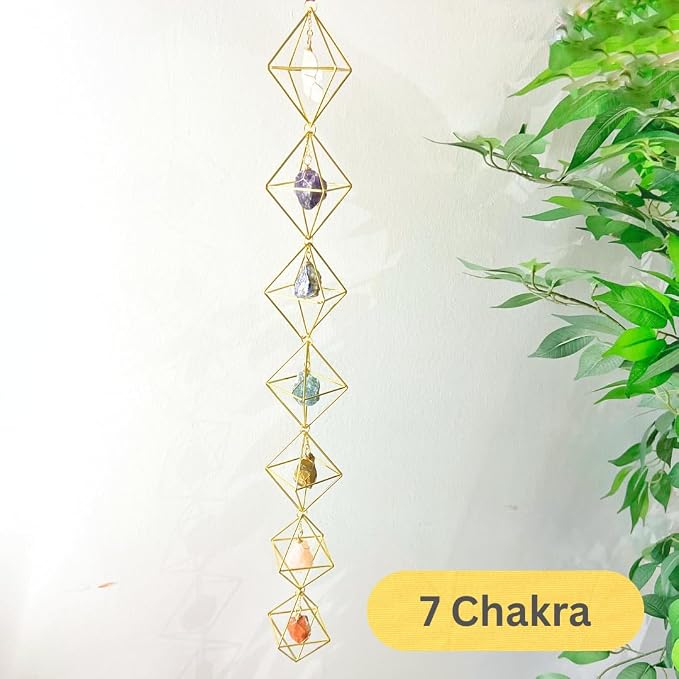 7 Chakra Raw Crystal Hanging Ornament Gift, Spiritual Boho Decor, Gold Rhombus Cage Natural Stones Amethyst Suncatcher, Rose Quartz Healing Genuine Crystal (Gold Rhombus)