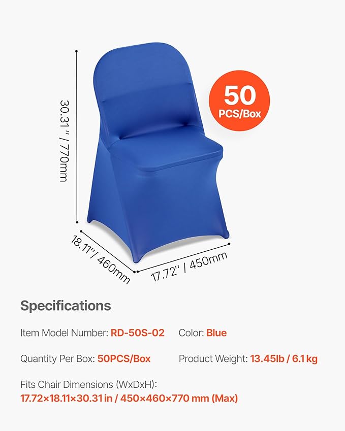 VEVOR Chair Covers, Polyester Spandex Chair Cover, Stretch Slipcovers for Wedding Party Dining Banquet Flat-Front Chair Covers (Royal Blue-c, 50PCS)