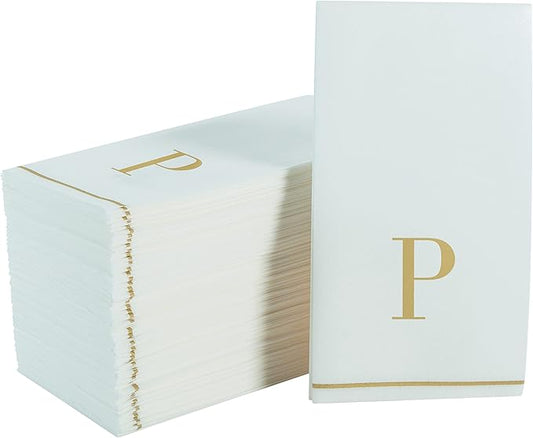 Luxe Party 112 Pack Monogram Napkins | Letter P Initial | Disposable | Premium Airlaid | Linen Feel | Decorative Table Setting | Guest Towel Napkin | White and Gold